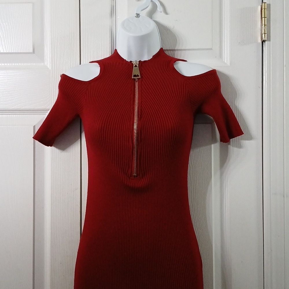 Love J ribbed  fitted sweater cold shoulder dress holiday party Christmas Sz M - Picture 3 of 6